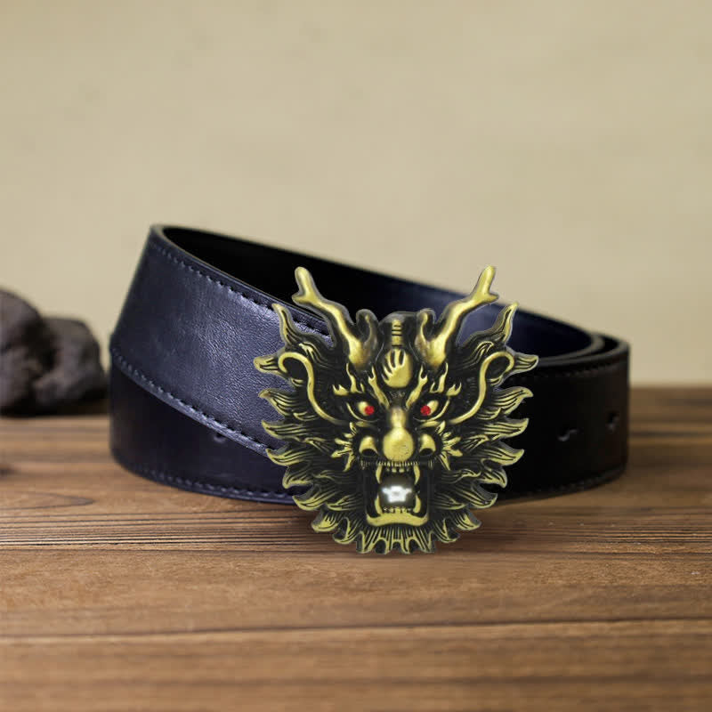 Men's DIY Fiery Dragon White Pearl Buckle Leather Belt - Antique Bronze - Black PU Belt (40) - image 14