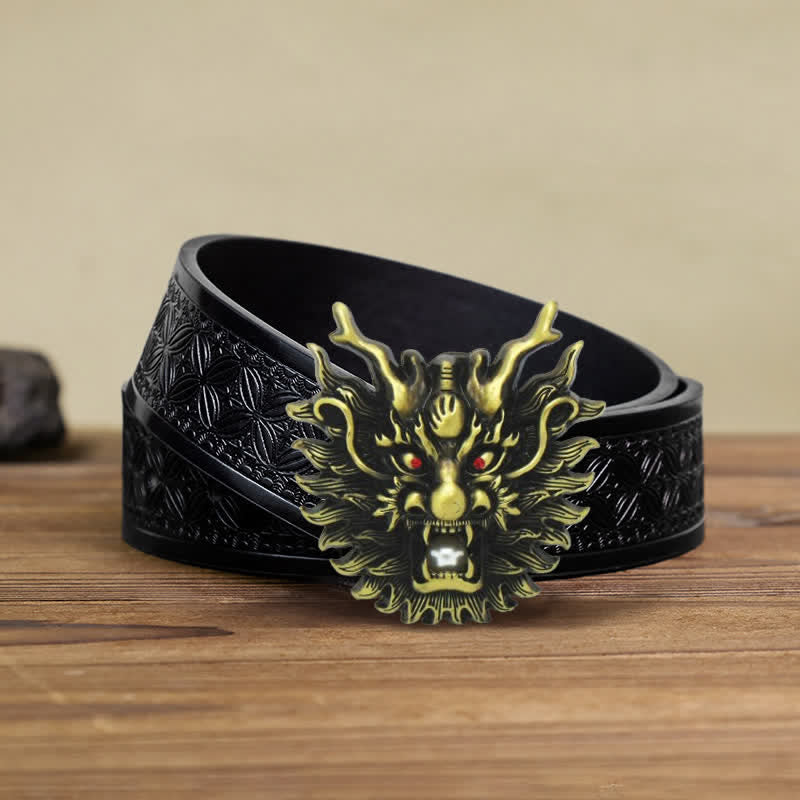 Men's DIY Fiery Dragon White Pearl Buckle Leather Belt - Antique Bronze - Black Embossed Weave Belt (38) - image 16