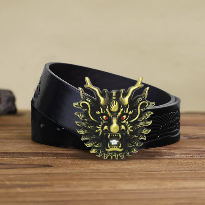 Men's DIY Fiery Dragon White Pearl Buckle Leather Belt - Antique Bronze - Black Embossed Eagle Belt (38) - image 15