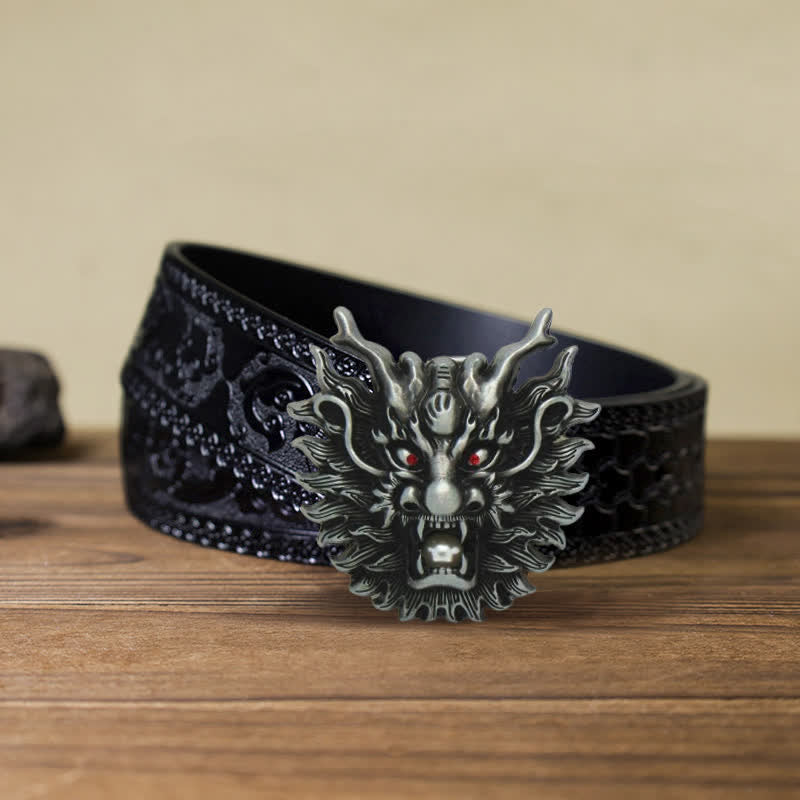 Men's DIY Fiery Dragon White Pearl Buckle Leather Belt - Antique Silver - Black Carved Belt (40) - image 8
