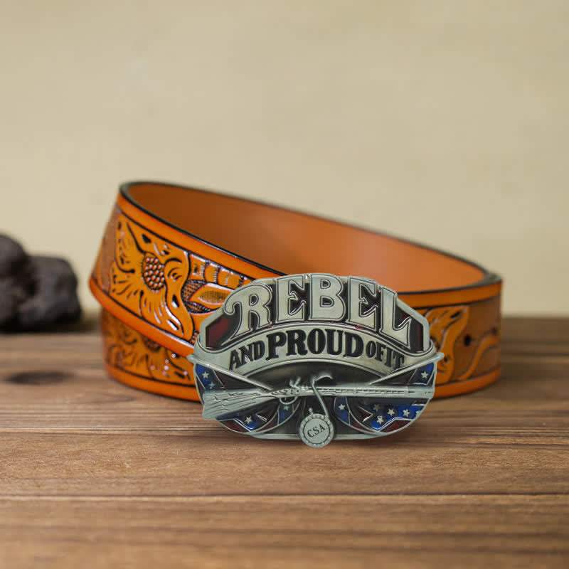 Men's DIY Western Flag Proud Buckle Leather Belt - Rebel - Orange Carved Belt (40) - image 10