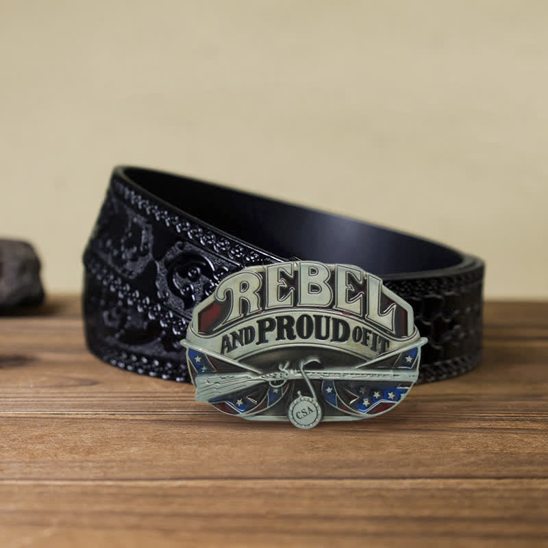 Men's DIY Western Flag Proud Buckle Leather Belt - Rebel - Black Carved Belt (40) - image 7