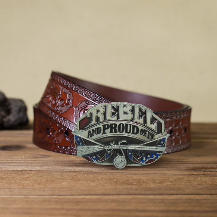 Men's DIY Western Flag Proud Buckle Leather Belt - Rebel - Brown Carved Belt (40) - image 8