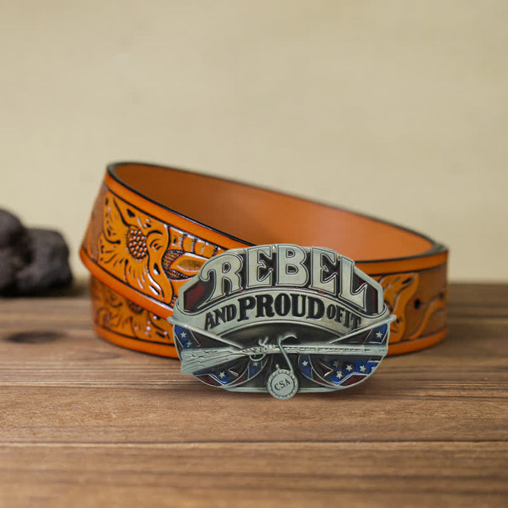 Men's DIY Western Flag Proud Buckle Leather Belt - Rebel - Orange Carved Belt (40) - image 10