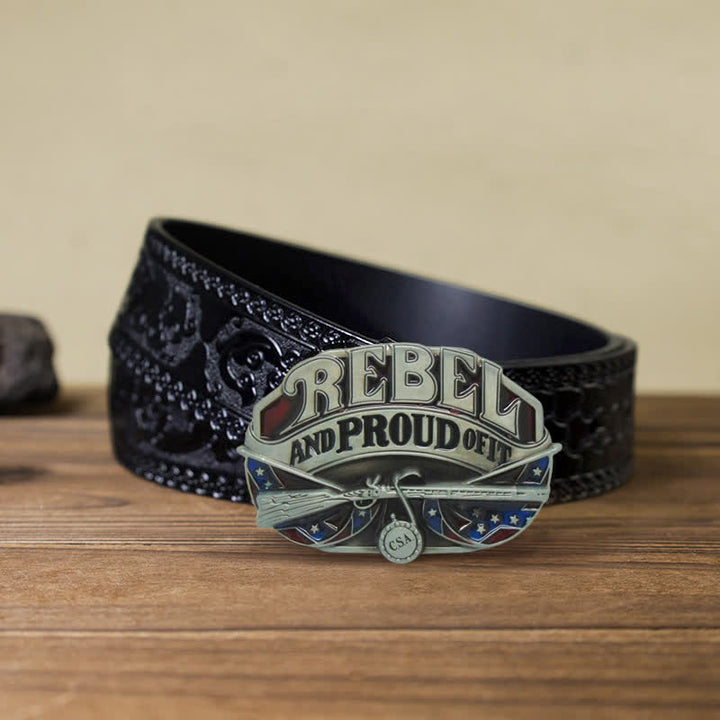 Men's DIY Western Flag Proud Buckle Leather Belt - Rebel - Black Carved Belt (40) - image 7