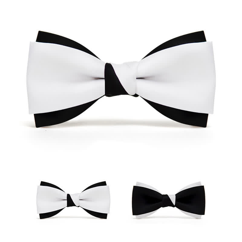 Men's Black White Two Tone Double Layered Bow Tie - image 3
