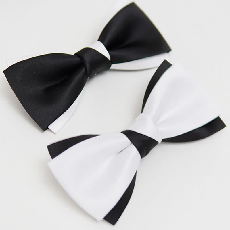 Men's Black White Two Tone Double Layered Bow Tie - image 2