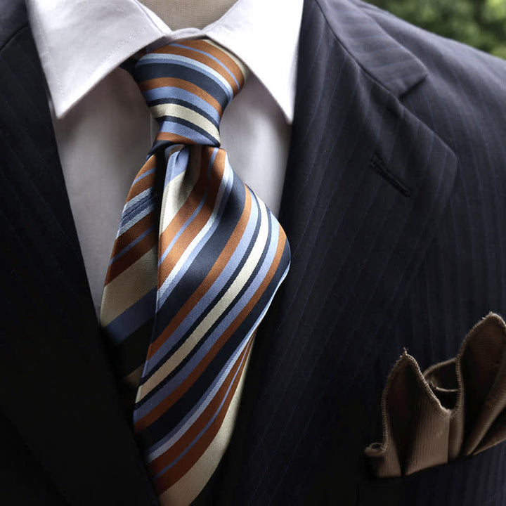 Men's Classic Striped Wide Real Silk Necktie - Blue & Coffee - image 0
