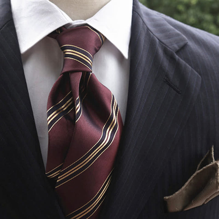 Men's Classic Striped Wide Real Silk Necktie - Burgundy - image 6