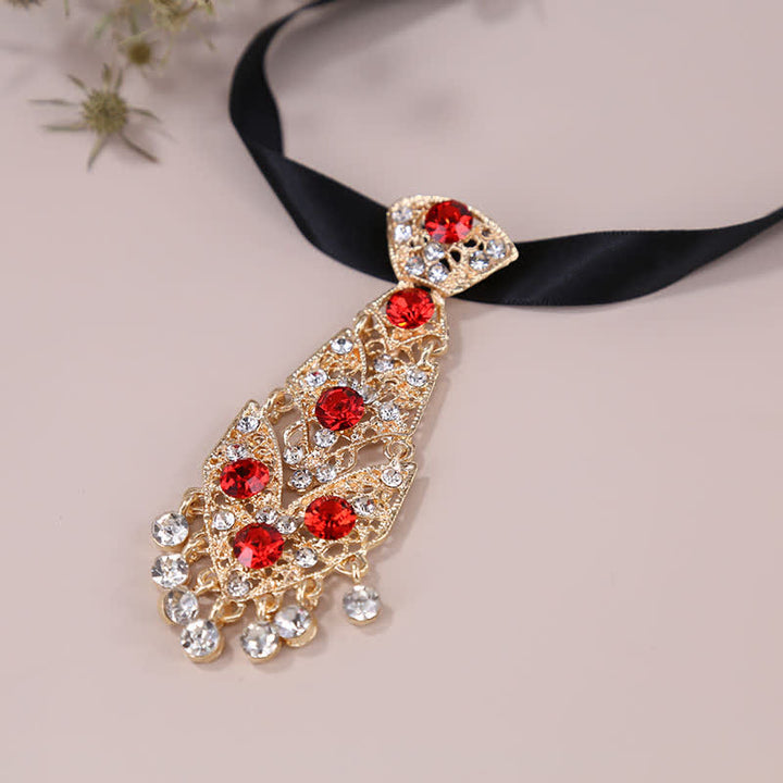 Men's Rhinestone Crystal Short Tie Glitter Wedding Necktie - Red - image 6
