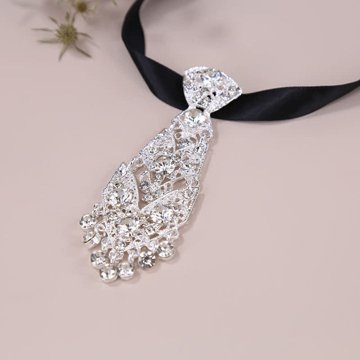Men's Rhinestone Crystal Short Tie Glitter Wedding Necktie - Silver - image 7