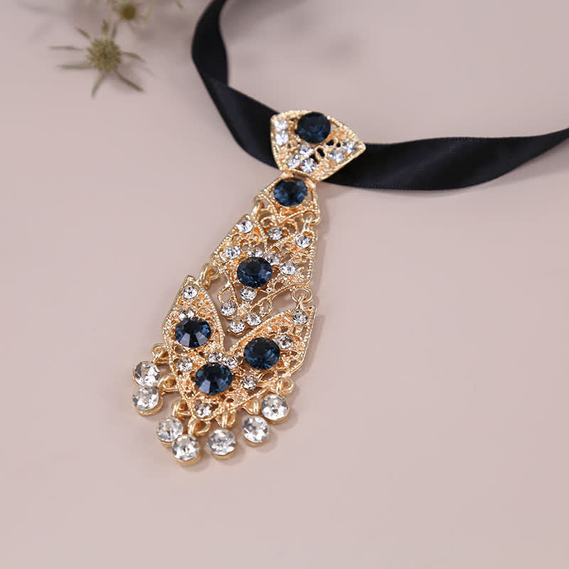 Men's Rhinestone Crystal Short Tie Glitter Wedding Necktie - Navy - image 1
