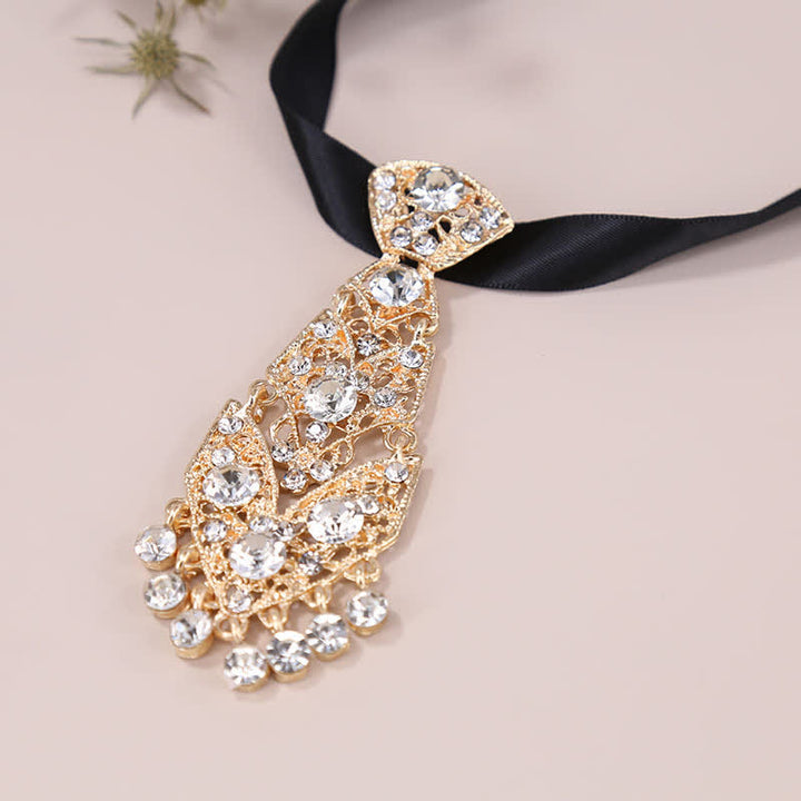 Men's Rhinestone Crystal Short Tie Glitter Wedding Necktie - Gold & White - image 10