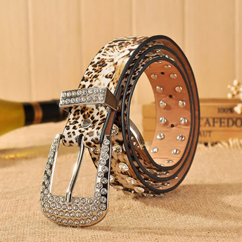Women's Rhinestones Inlaid Leopard Print Leather Belt - image 2