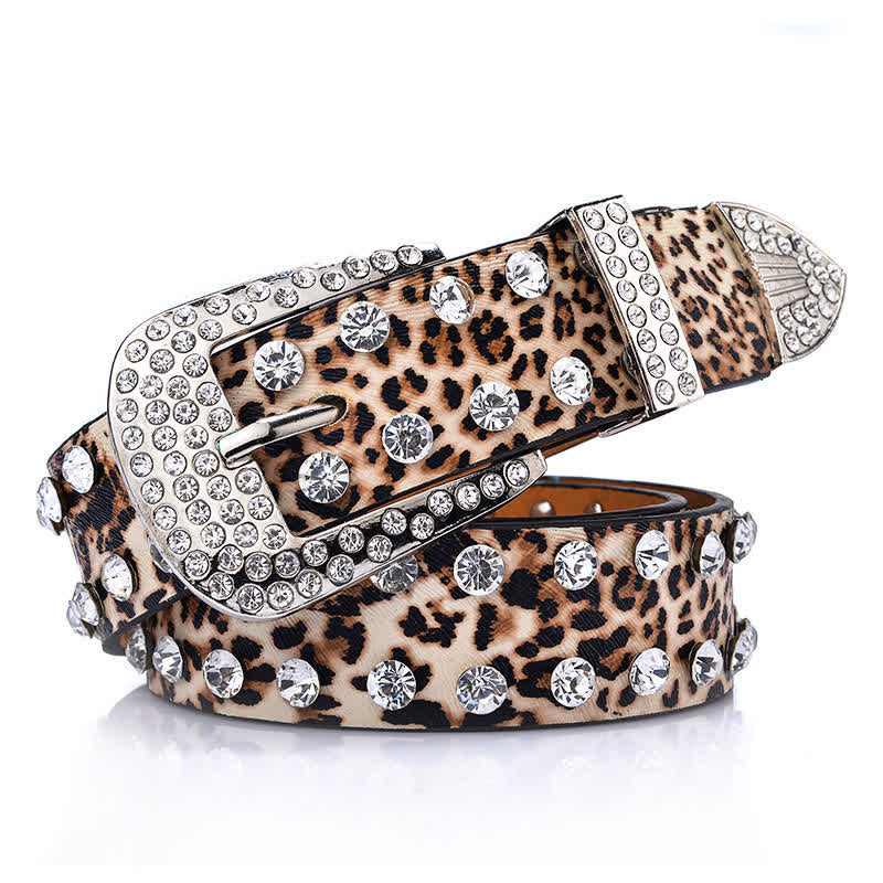 Women's Rhinestones Inlaid Leopard Print Leather Belt - Leopard Print - 38 - image 0