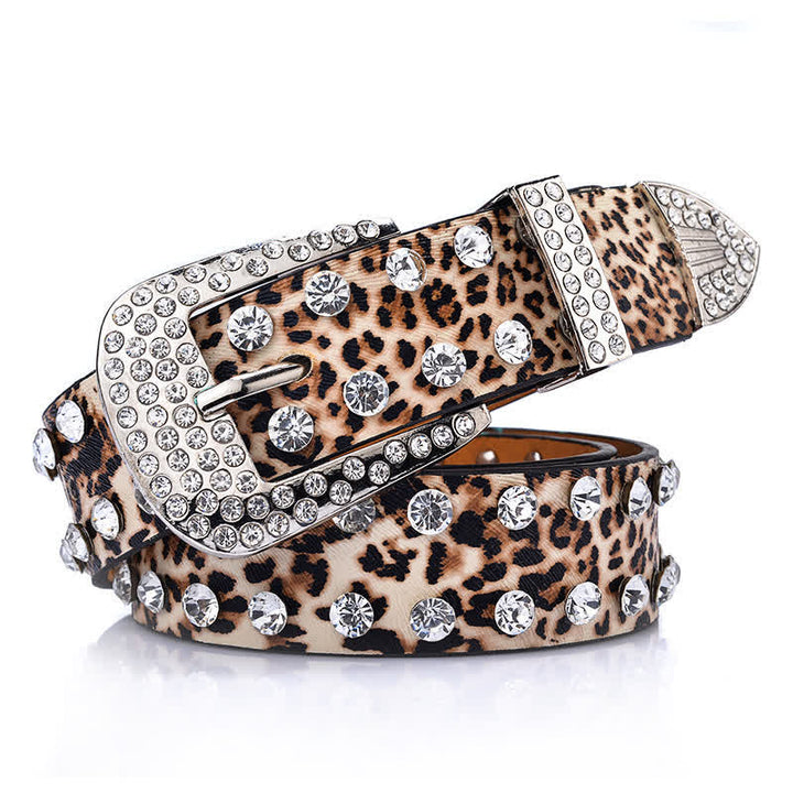 Women's Rhinestones Inlaid Leopard Print Leather Belt - Leopard Print - 38 - image 0