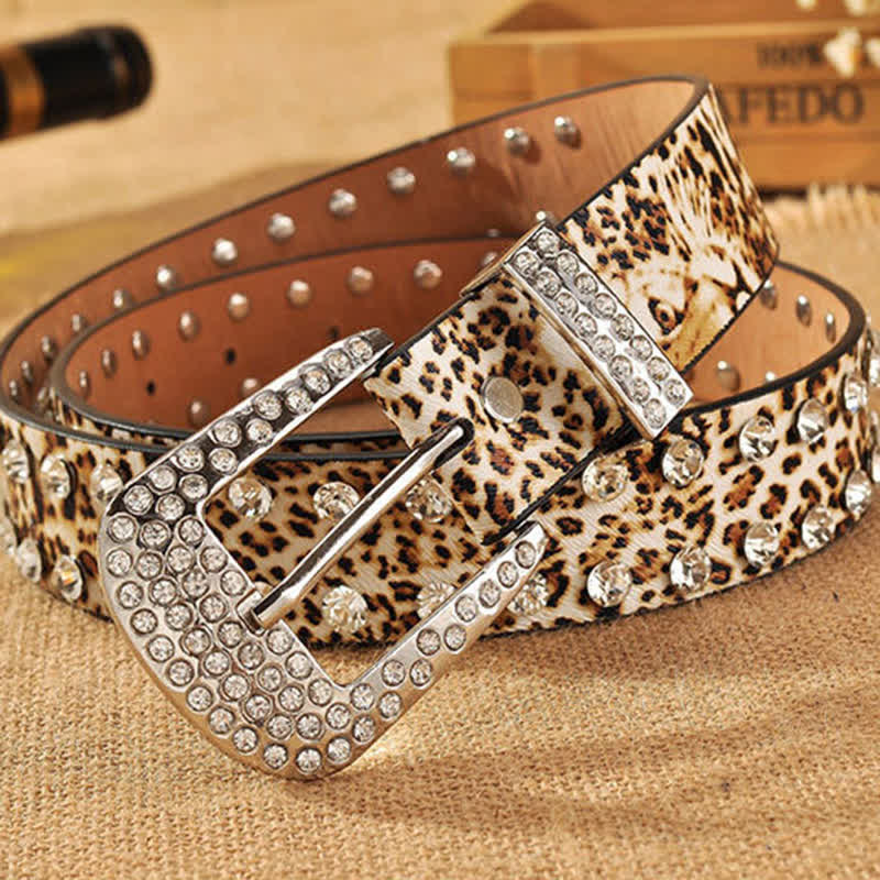 Women's Rhinestones Inlaid Leopard Print Leather Belt - image 3