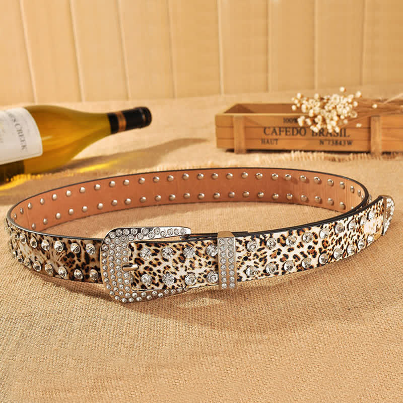 Women's Rhinestones Inlaid Leopard Print Leather Belt - image 5