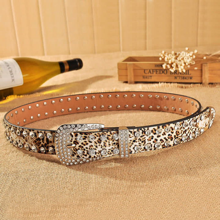 Women's Rhinestones Inlaid Leopard Print Leather Belt - image 5