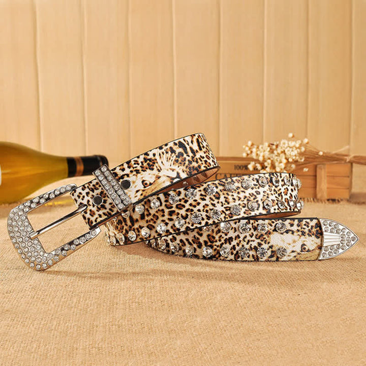 Women's Rhinestones Inlaid Leopard Print Leather Belt - image 1