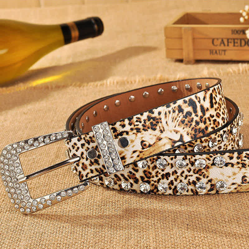 Women's Rhinestones Inlaid Leopard Print Leather Belt - image 4