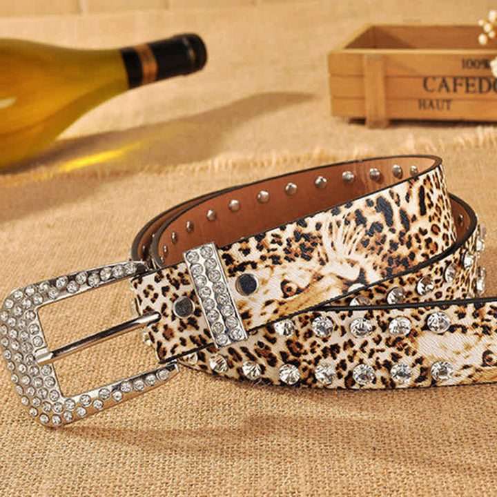 Women's Rhinestones Inlaid Leopard Print Leather Belt - image 4