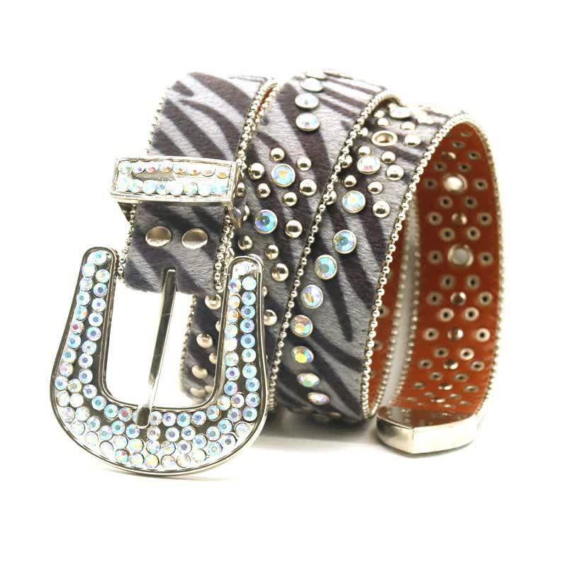 Unisex Unique Rhinestones Zebra Print Leather Belt - image 1