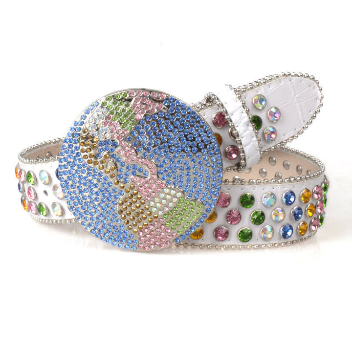 Unisex Large Round Bling Rhinstone Buckle Leather Belt - White - 38 - image 7