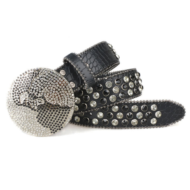 Unisex Large Round Bling Rhinstone Buckle Leather Belt - image 1