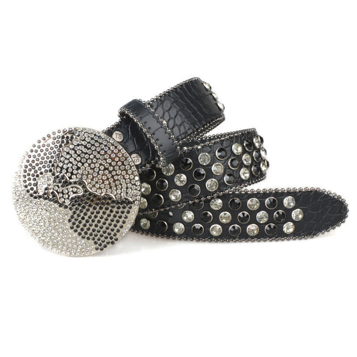 Unisex Large Round Bling Rhinstone Buckle Leather Belt - image 1