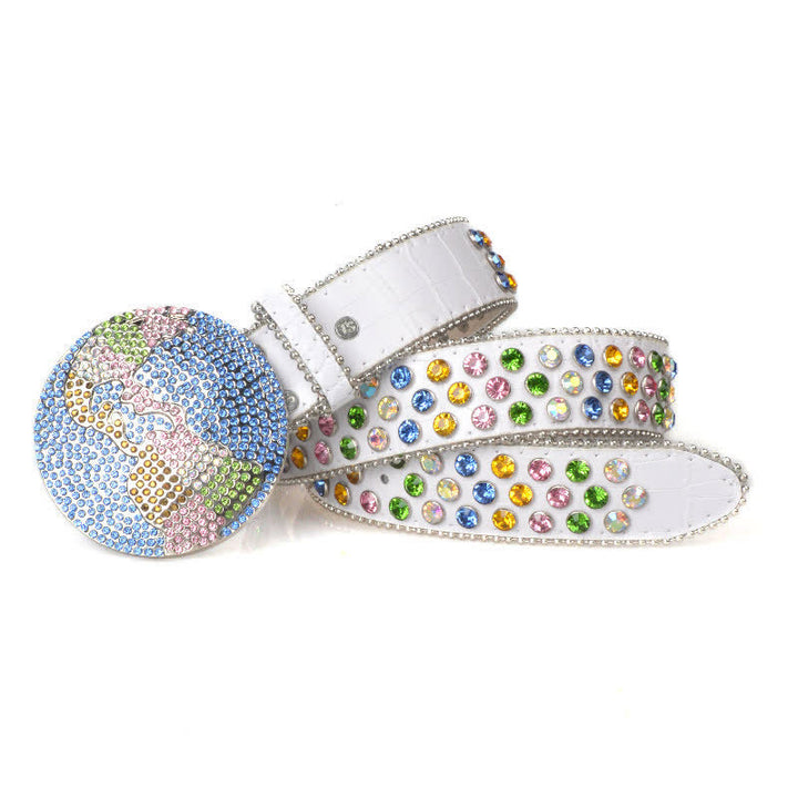 Unisex Large Round Bling Rhinstone Buckle Leather Belt - image 8