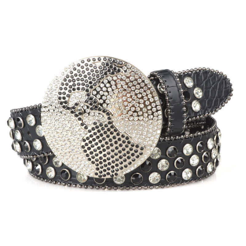Unisex Large Round Bling Rhinstone Buckle Leather Belt - Black - 38 - image 0