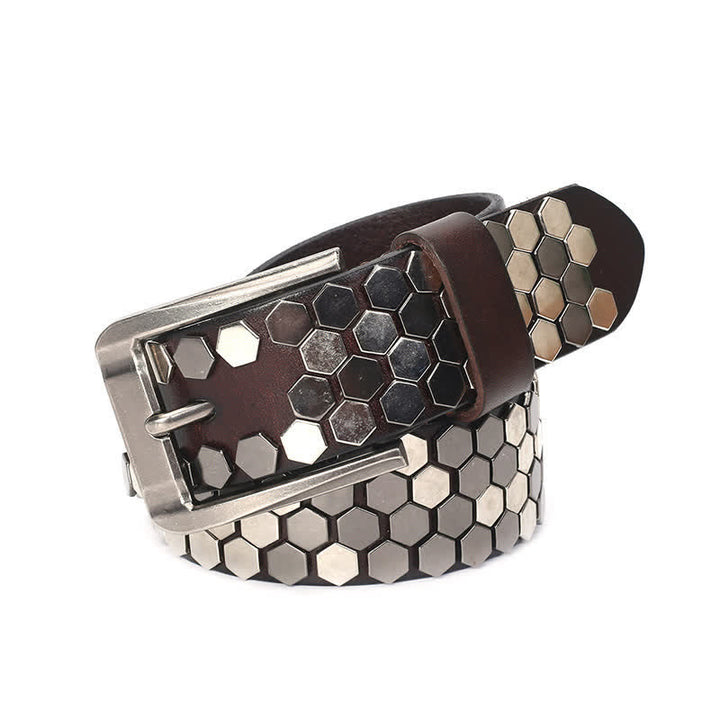 Unisex Hexagonal Rivet Studded Leather Belt - Brown - 44 - image 14