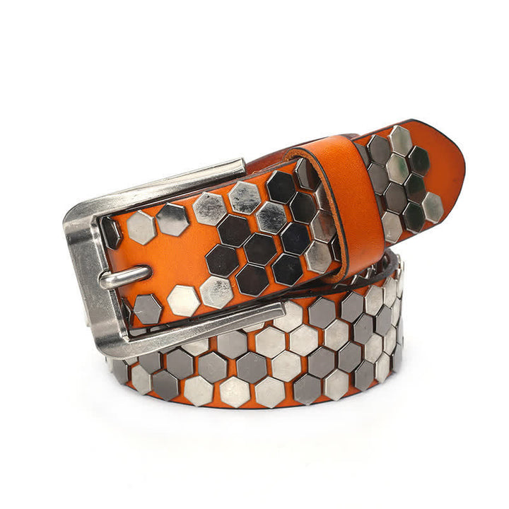 Unisex Hexagonal Rivet Studded Leather Belt - Orange - 44 - image 0