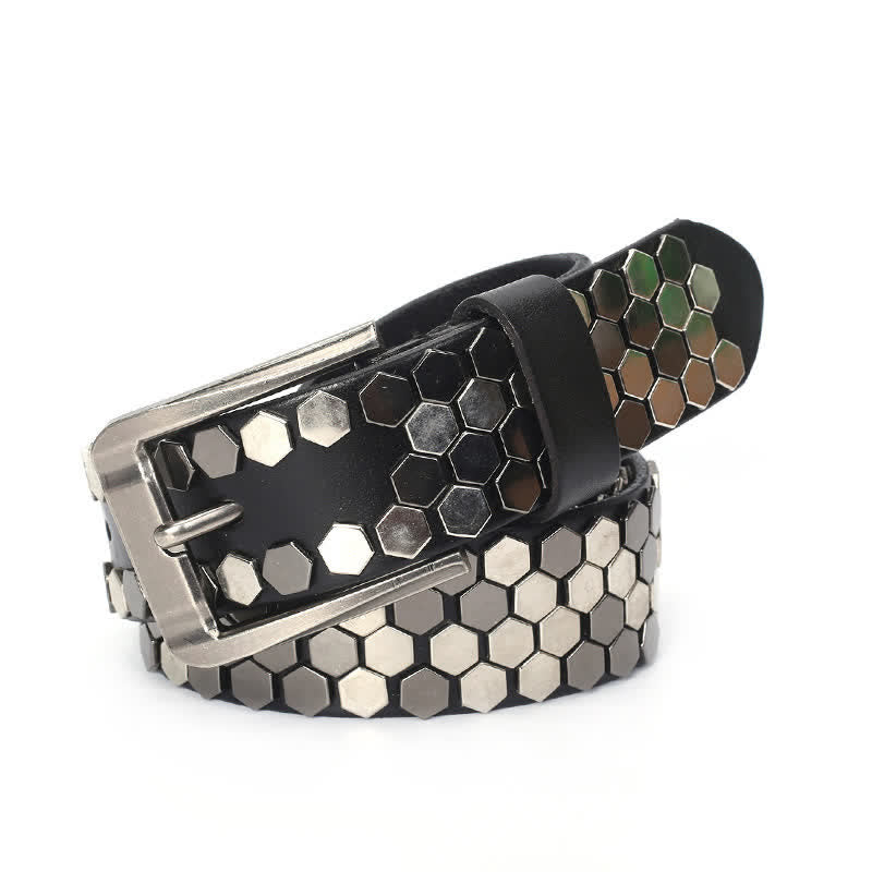 Unisex Hexagonal Rivet Studded Leather Belt - Black - 44 - image 5
