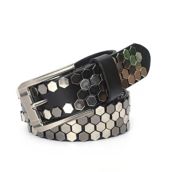 Unisex Hexagonal Rivet Studded Leather Belt - Black - 44 - image 5