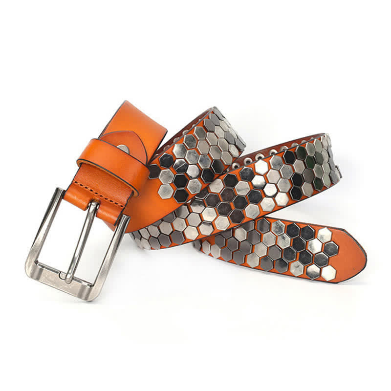 Unisex Hexagonal Rivet Studded Leather Belt - image 1