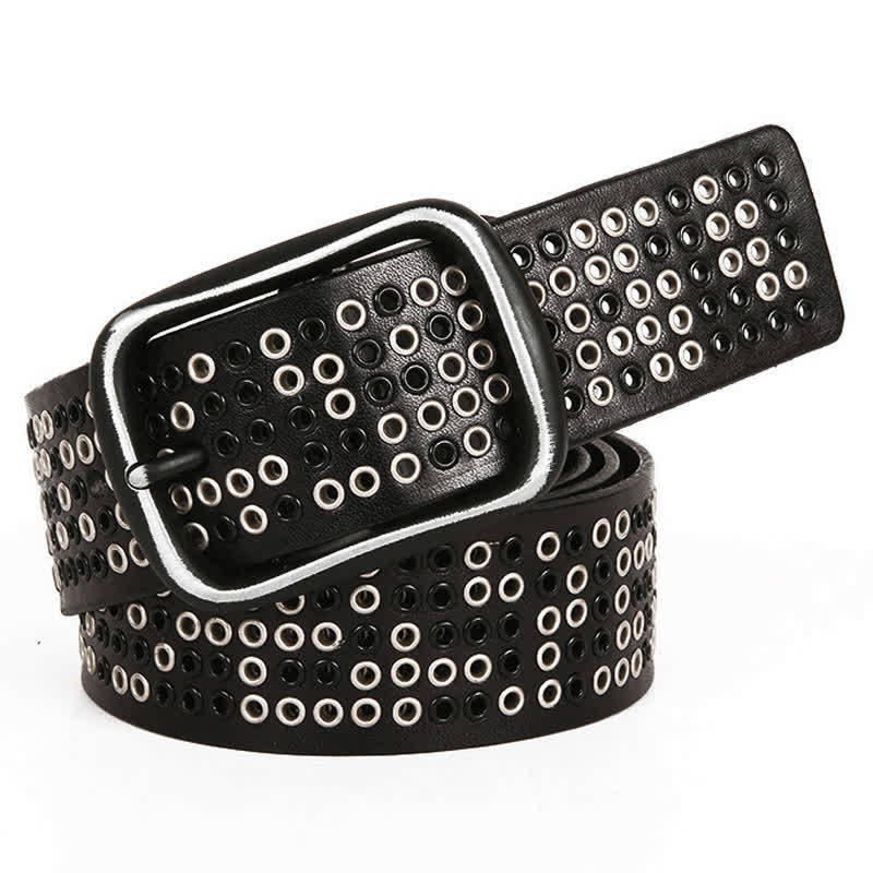 Unisex Studded Heavy Metal Cowboy Punk Leather Belt - Black - 44 - image 0
