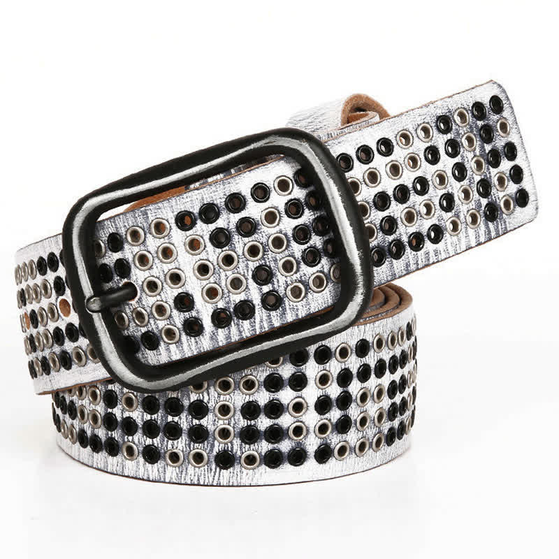 Unisex Studded Heavy Metal Cowboy Punk Leather Belt - White - 44 - image 11