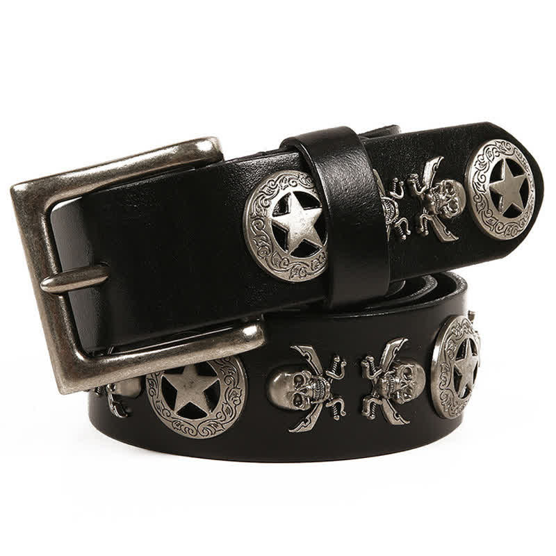 Unisex Punk Style Skull Star Rivets Leather Belt - Black - 44 - image 0
