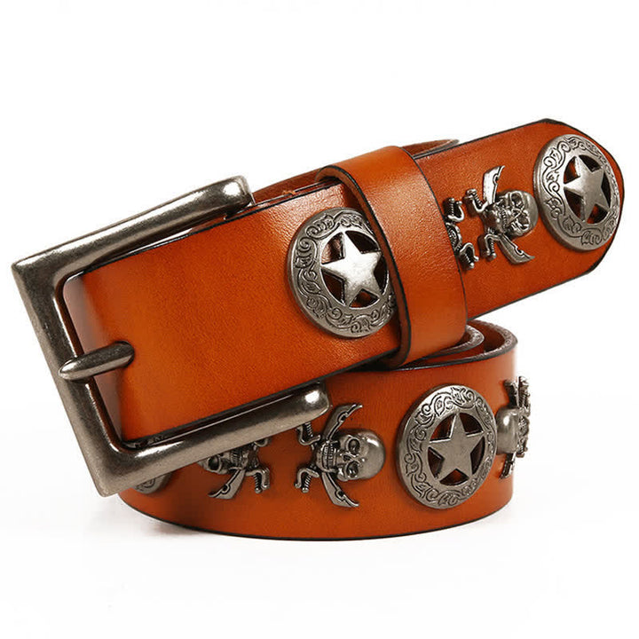 Unisex Punk Style Skull Star Rivets Leather Belt - Orange - 44 - image 10