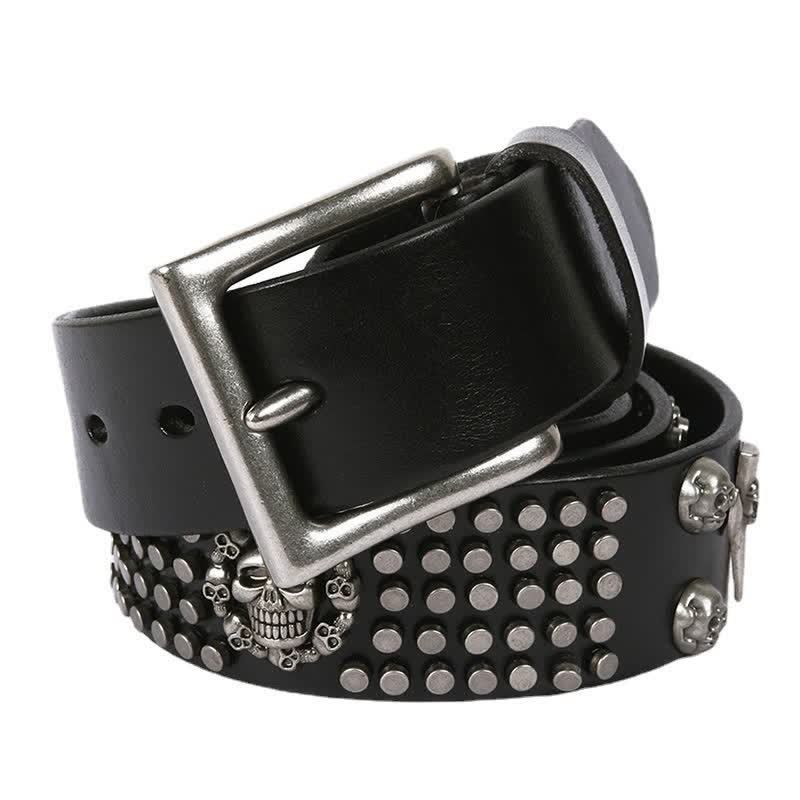 Unisex Skull Head Rivets Cross Studded Leather Belt - Black - 44 - image 0