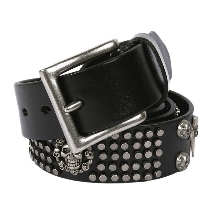 Unisex Skull Head Rivets Cross Studded Leather Belt - Black - 44 - image 0