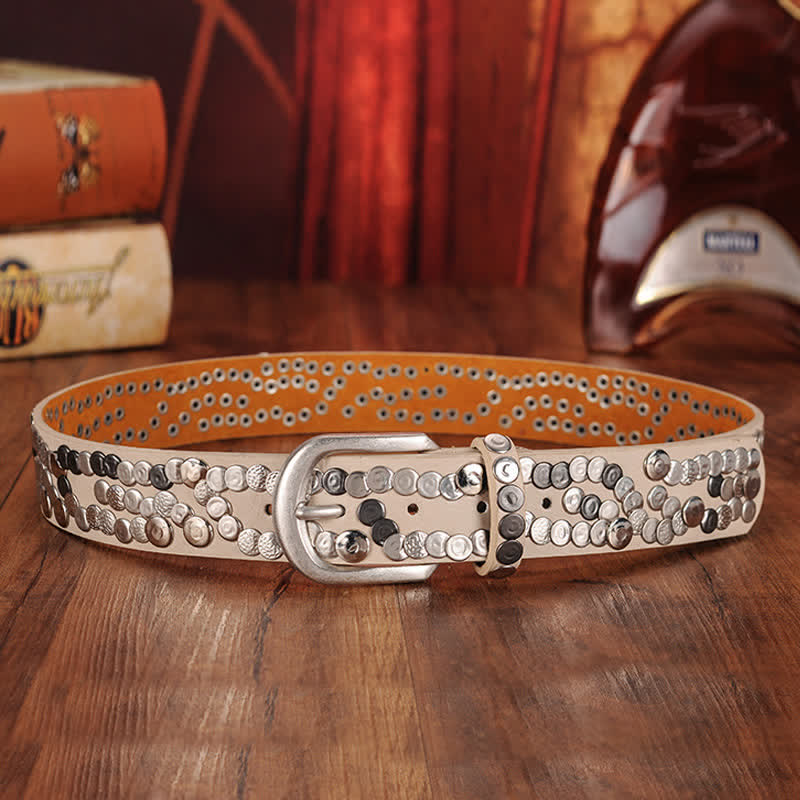Women's Stylish Metal Plate Studded Leather Belt - Beige - 38 - image 6