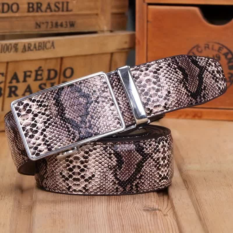 Men's Snakeskin Pattern Automatic Buckle Leather Belt - Coffee - 44 - image 2