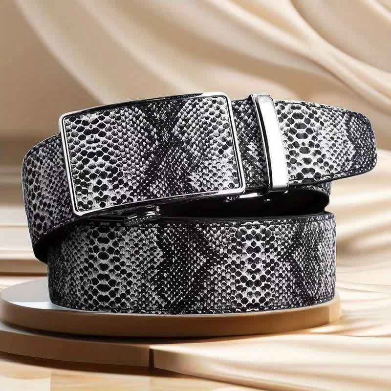 Men's Snakeskin Pattern Automatic Buckle Leather Belt - Black - 44 - image 4