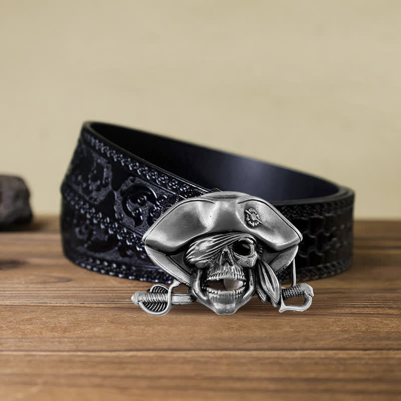 Men's DIY Punk Style Skull Pirate Buckle Leather Belt - Pirate - Black Carved Belt (40) - image 5