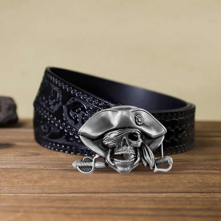 Men's DIY Punk Style Skull Pirate Buckle Leather Belt - Pirate - Black Carved Belt (40) - image 5