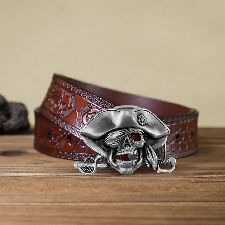 Men's DIY Punk Style Skull Pirate Buckle Leather Belt - Pirate - Brown Carved Belt (40) - image 6