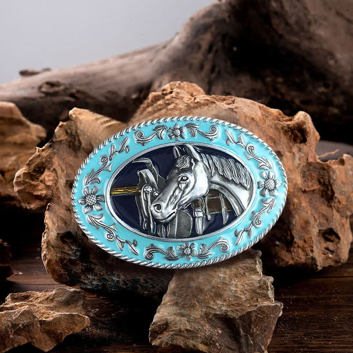 Men's DIY Horse Head Saddle Enameled Buckle Leather Belt - Blue - Without Belt - image 0
